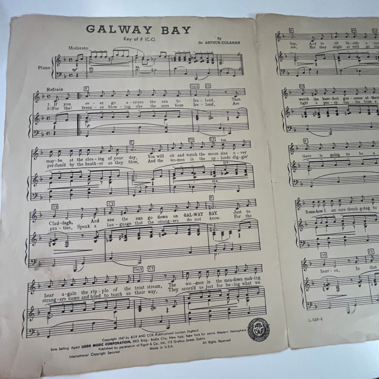 Galway Bay Bing Crosby Dr. Arthur Colahan 1947 Sheet Music V33-3