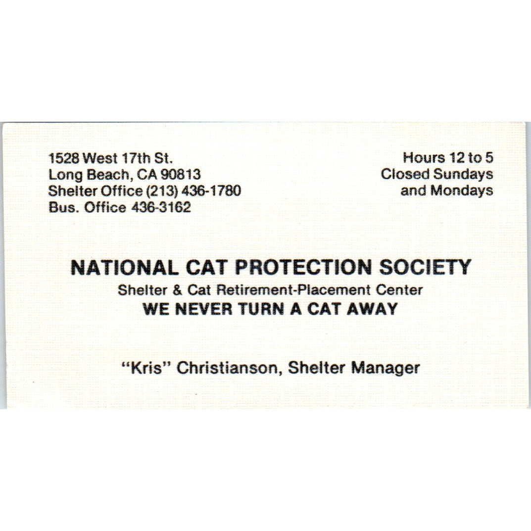 National Cat Protection Society Christianson Long Beach Business Card SD8-B16