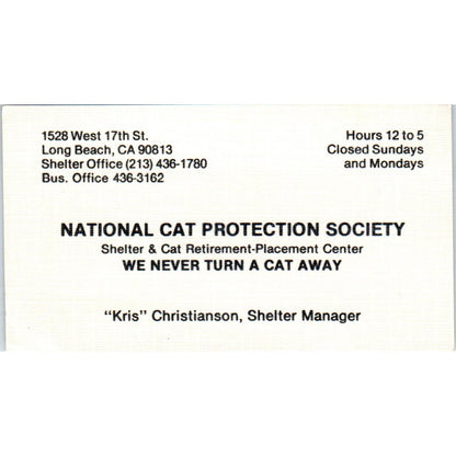 National Cat Protection Society Christianson Long Beach Business Card SD8-B16