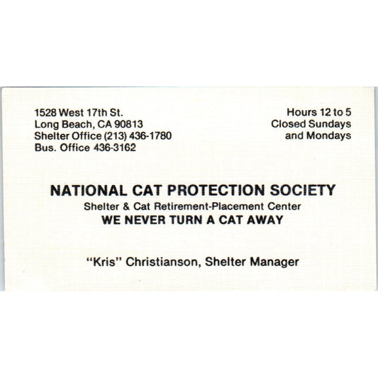 National Cat Protection Society Christianson Long Beach Business Card SD8-B16