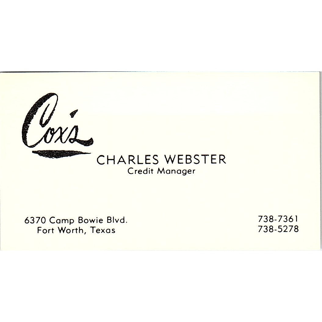 Cox's Charles Webster Fort Worth Texas Vintage Business Card SB4-B8