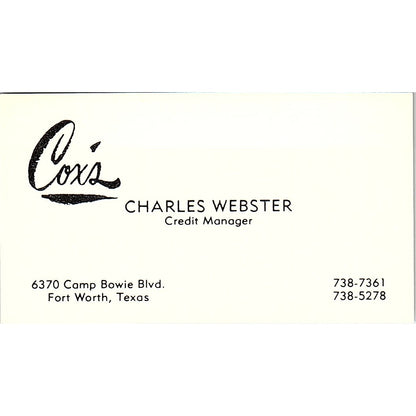 Cox's Charles Webster Fort Worth Texas Vintage Business Card SB4-B8