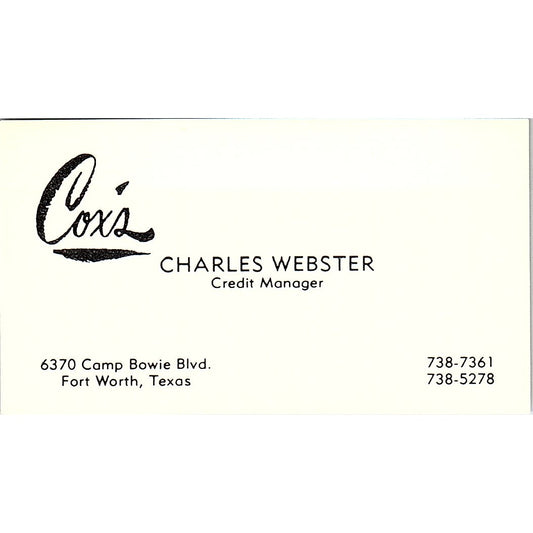 Cox's Charles Webster Fort Worth Texas Vintage Business Card SB4-B8