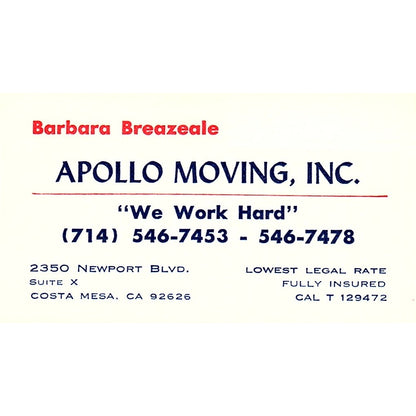 Apollo Moving Inc. Barbara Breazeale Costa Mesa CA Vintage Business Card SB4-B6