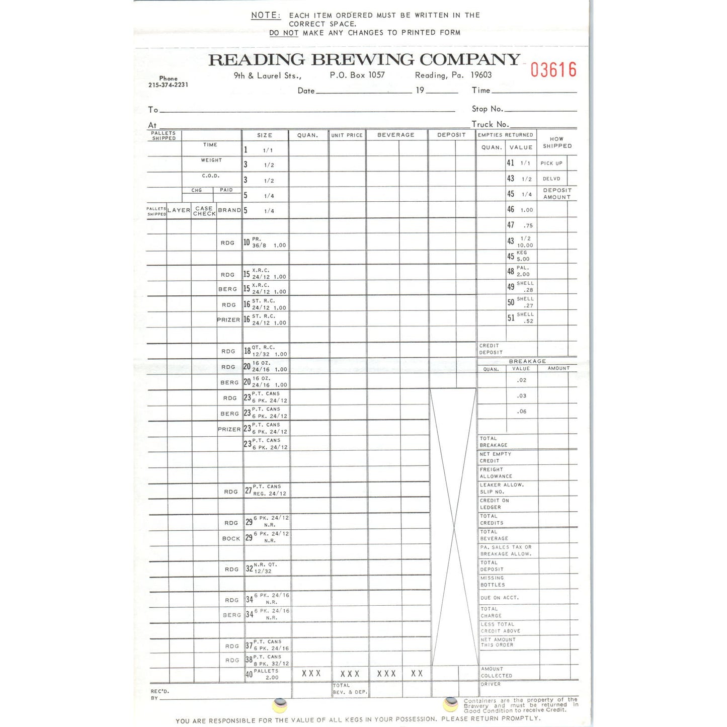 Vintage Reading Brewing Company Order Form Blank PA TG8-VW