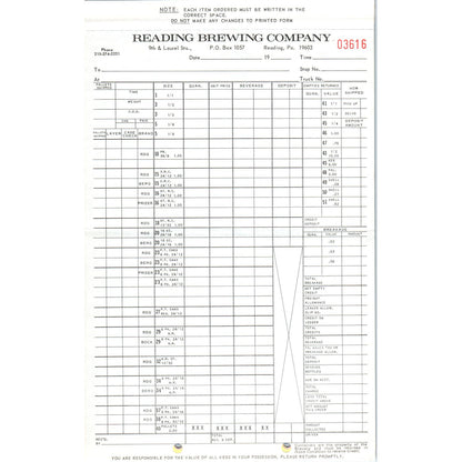 Vintage Reading Brewing Company Order Form Blank PA TG8-VW