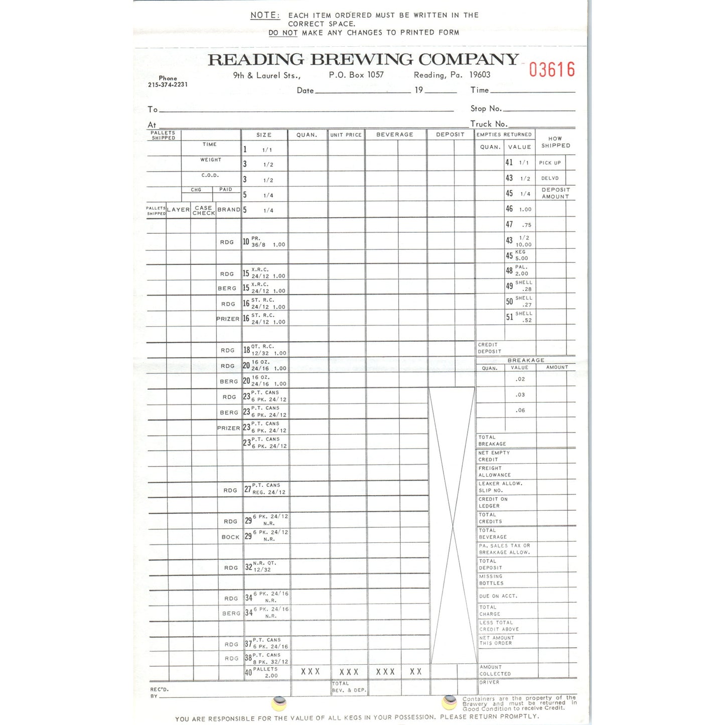 Vintage Reading Brewing Company Order Form Blank PA H4-5