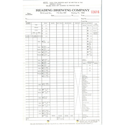 Vintage Reading Brewing Company Order Form Blank PA H4-5