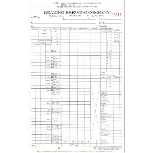 Vintage Reading Brewing Company Order Form Blank PA H4-5