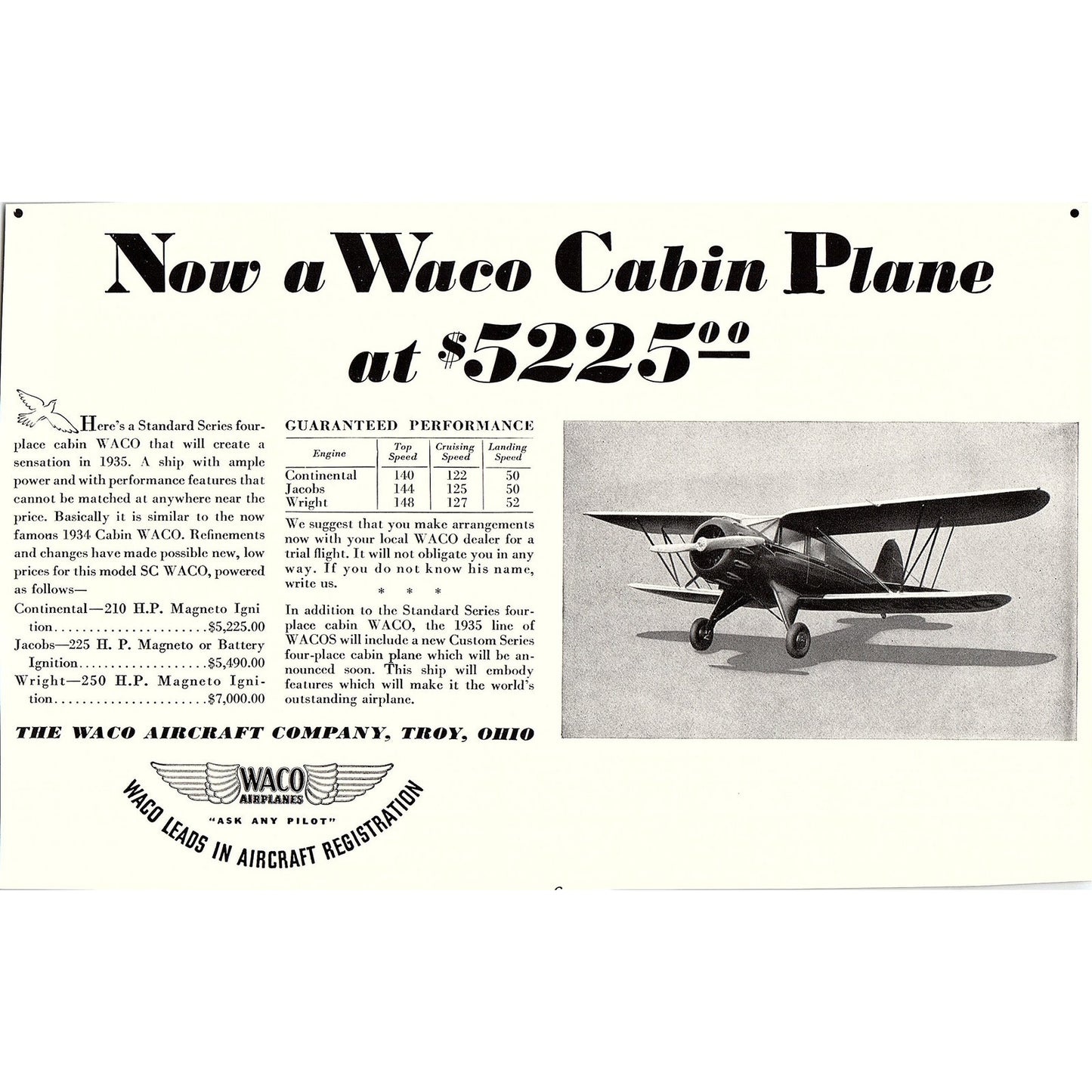 Waco Cabin Plane - Waco Aircraft Co Troy Ohio 1935 AG3-2