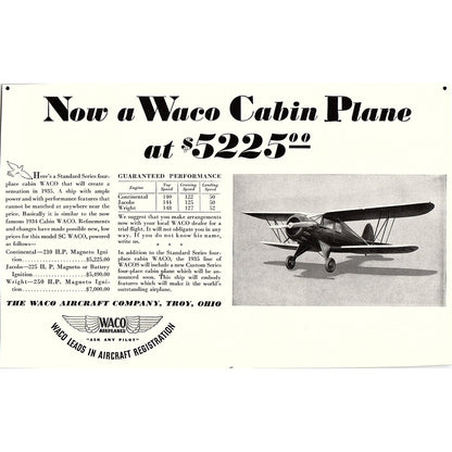 Waco Cabin Plane - Waco Aircraft Co Troy Ohio 1935 AG3-2