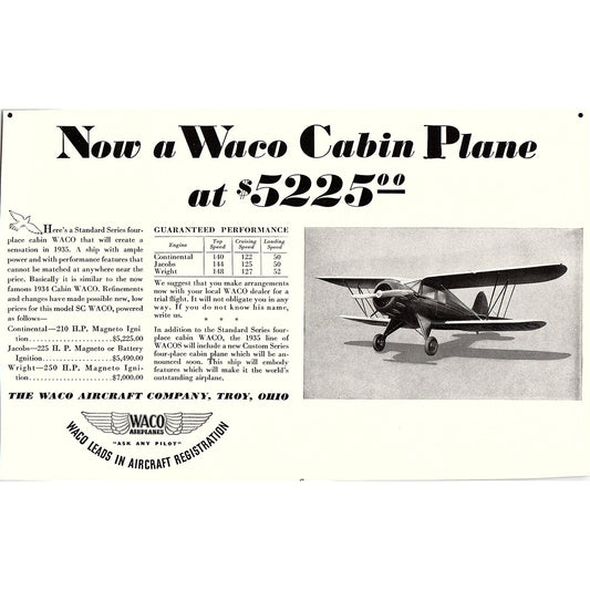 Waco Cabin Plane - Waco Aircraft Co Troy Ohio 1935 AG3-2