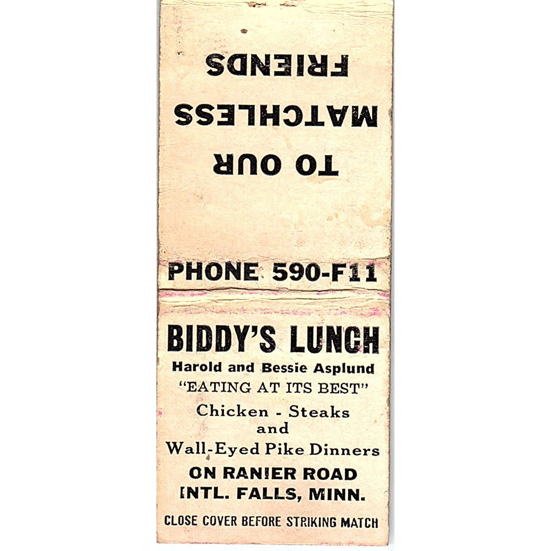 Biddy's Lunch Harold & Bessie Asplund International Falls Matchbook Cover SC7-Y2
