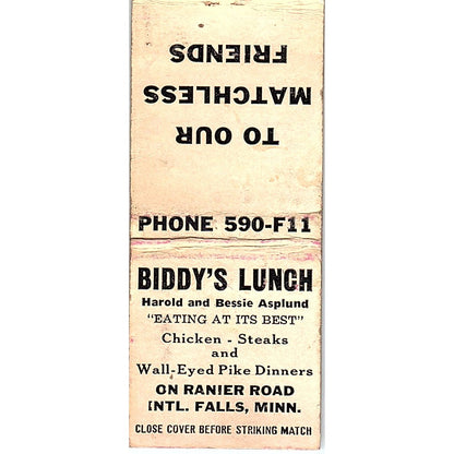 Biddy's Lunch Harold & Bessie Asplund International Falls Matchbook Cover SC7-Y2