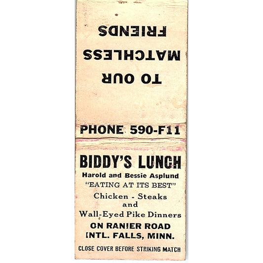 Biddy's Lunch Harold & Bessie Asplund International Falls Matchbook Cover SC7-Y2
