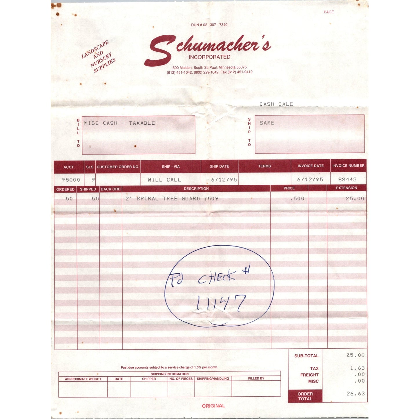 Schumacher's Incorporated Landscape Nursery South St. Paul MN 1995 Billhead K22