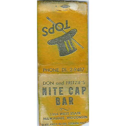 Don & Fritzie's Nite Cap Bar Milwaukee WI Vintage Matchbook Cover SD4-Y5