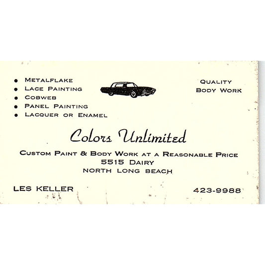 Les Keller Colors Unlimited Auto Body Long Beach Vintage Business Card SE3-B14