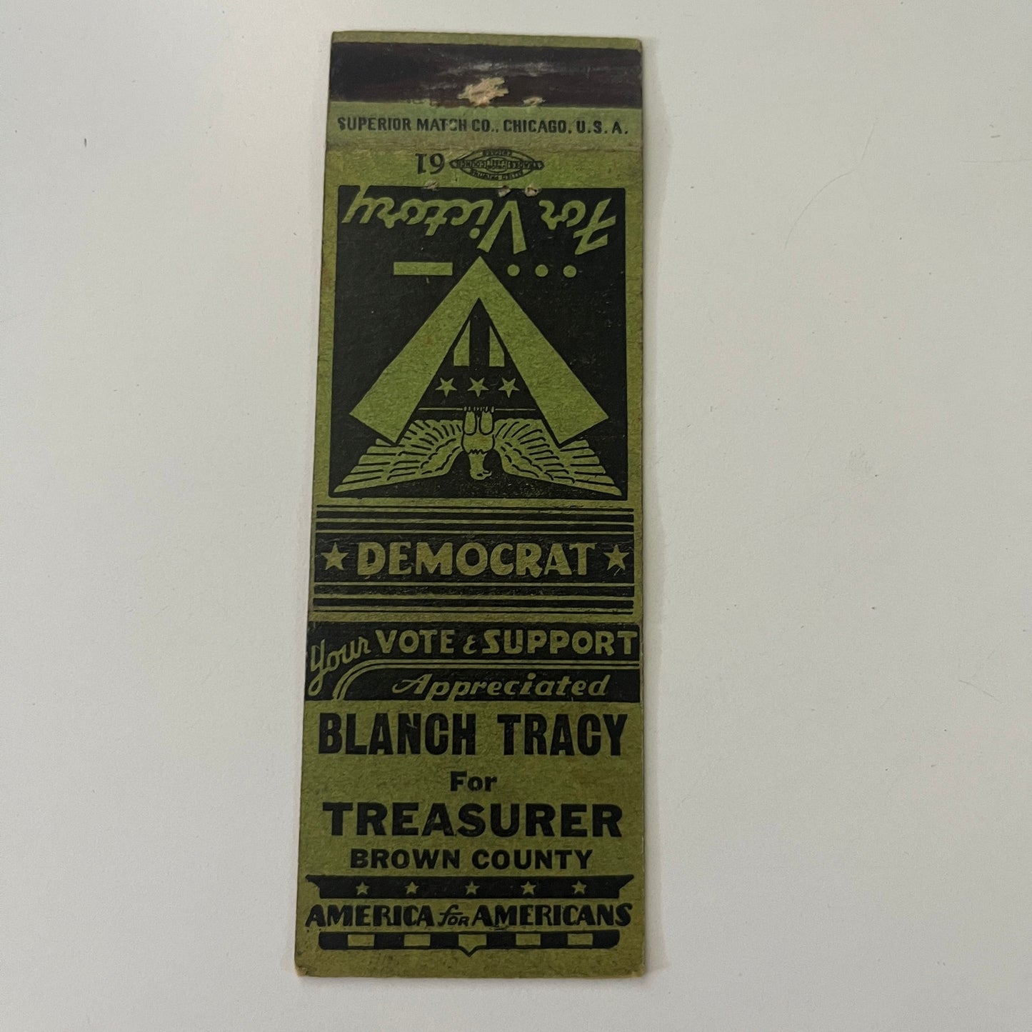 Blanch Tracy Treasurer Brown County IN Political WWII Era 1940s Matchbook MB1-6