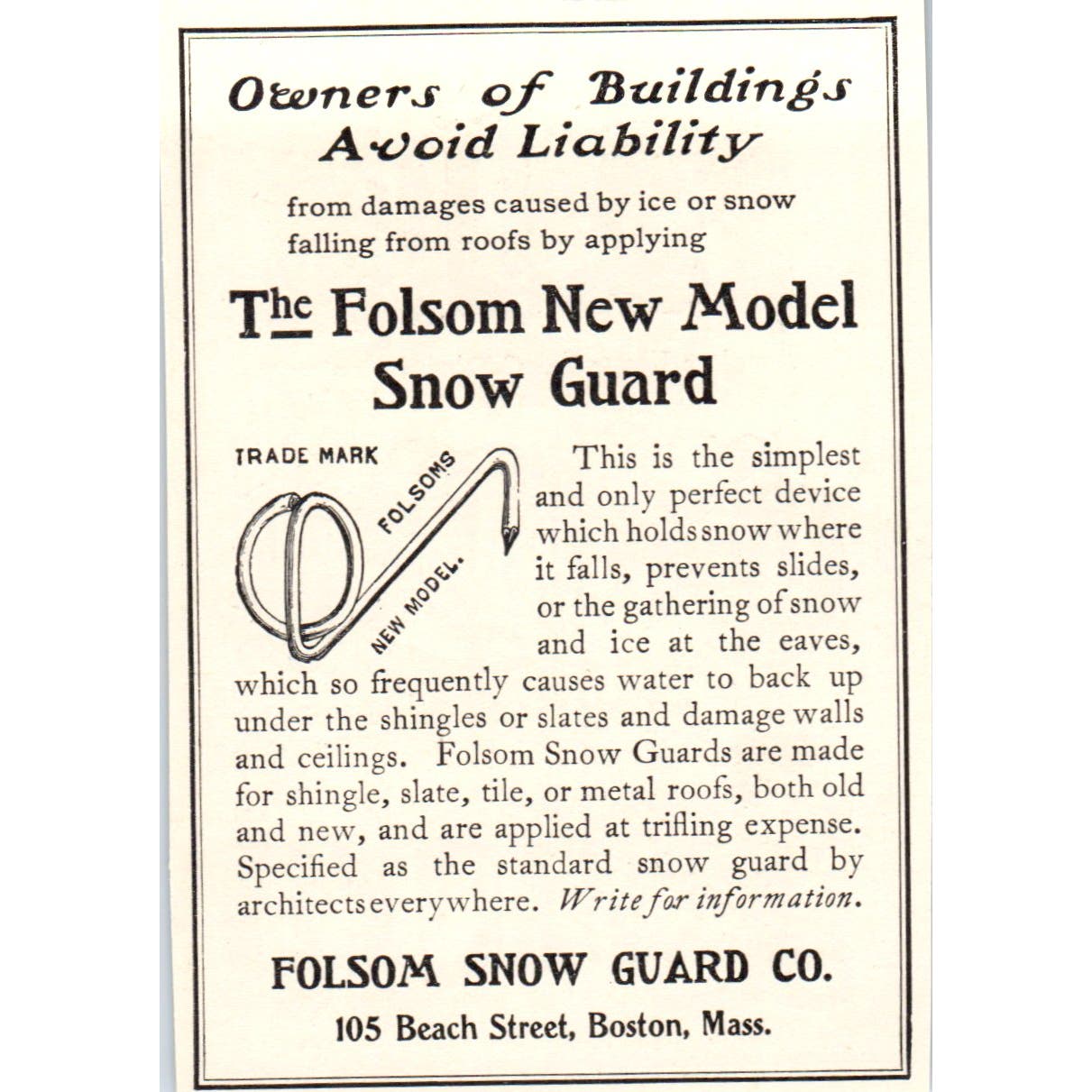 Folsom Snow Guard Co Boston MA c1905 Victorian Ad AE9-MA6
