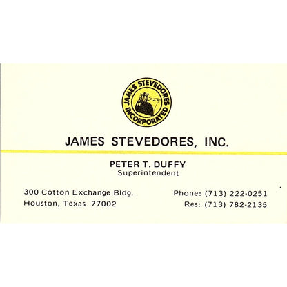 James Stevedores Peter T. Duffy Houston Texas Vintage Business Card SB4-B11