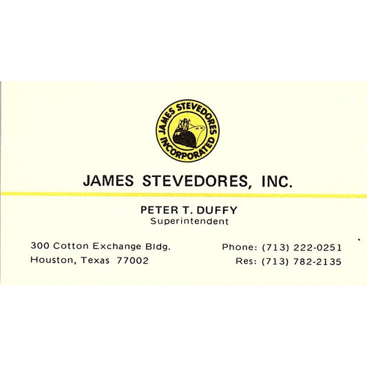 James Stevedores Peter T. Duffy Houston Texas Vintage Business Card SB4-B11