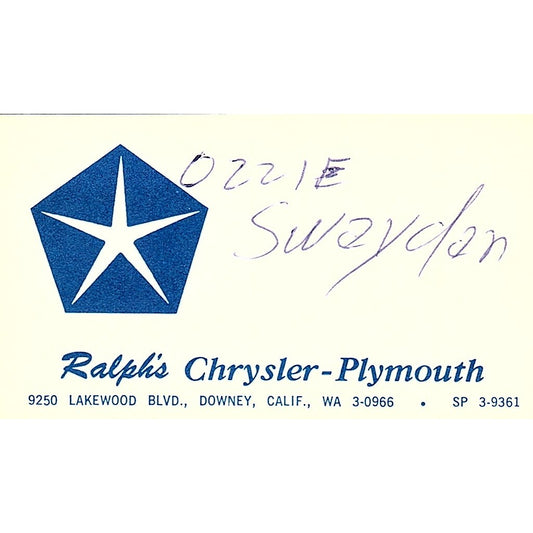Ralph's Chrysler Plymouth Dealer Downey CA Vintage Business Card SD9-B10