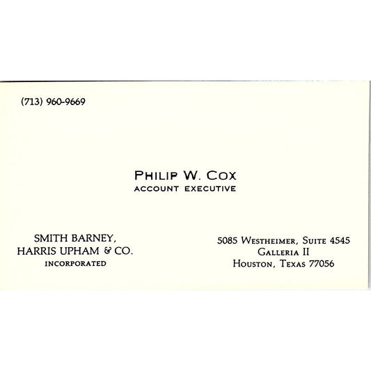 Smith Barney Harris Upham & Co Philip W. Cox Houston TX Business Card SF3-B5