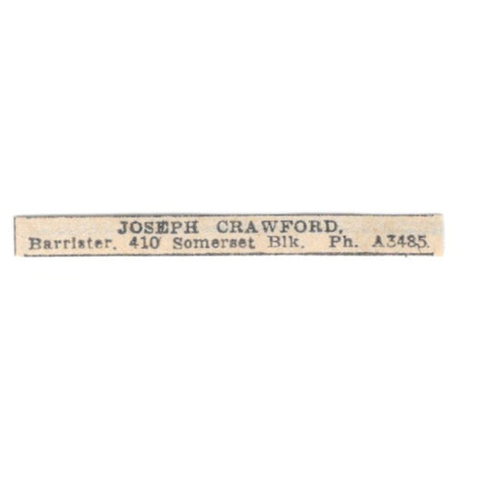 Joseph Crawford Barrister 410 Somerset Block Winnipeg 1920 Ad AG2-S10