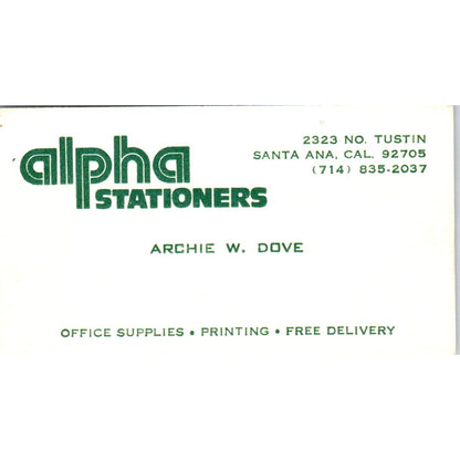 Archie W. Dove Alpha Stationers Santa Ana CA Vintage Business Card SE3-B4