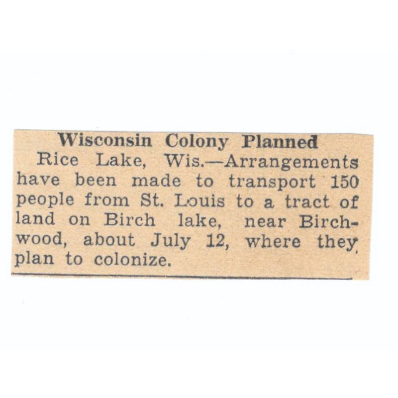 Wisconsin Rice Lake Birch Lake Colony 1935 Minneapolis Journal Article AE7-N6