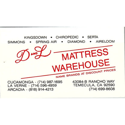 D and L Mattress Warehouse Temecula CA Vintage Business Card SC9-B8