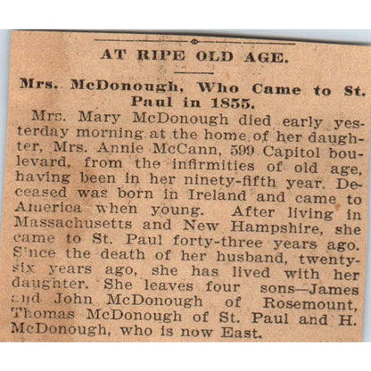 Mrs. Mary McDonough Death Announcement St. Paul 1898 Newspaper Ad AF2-Q2