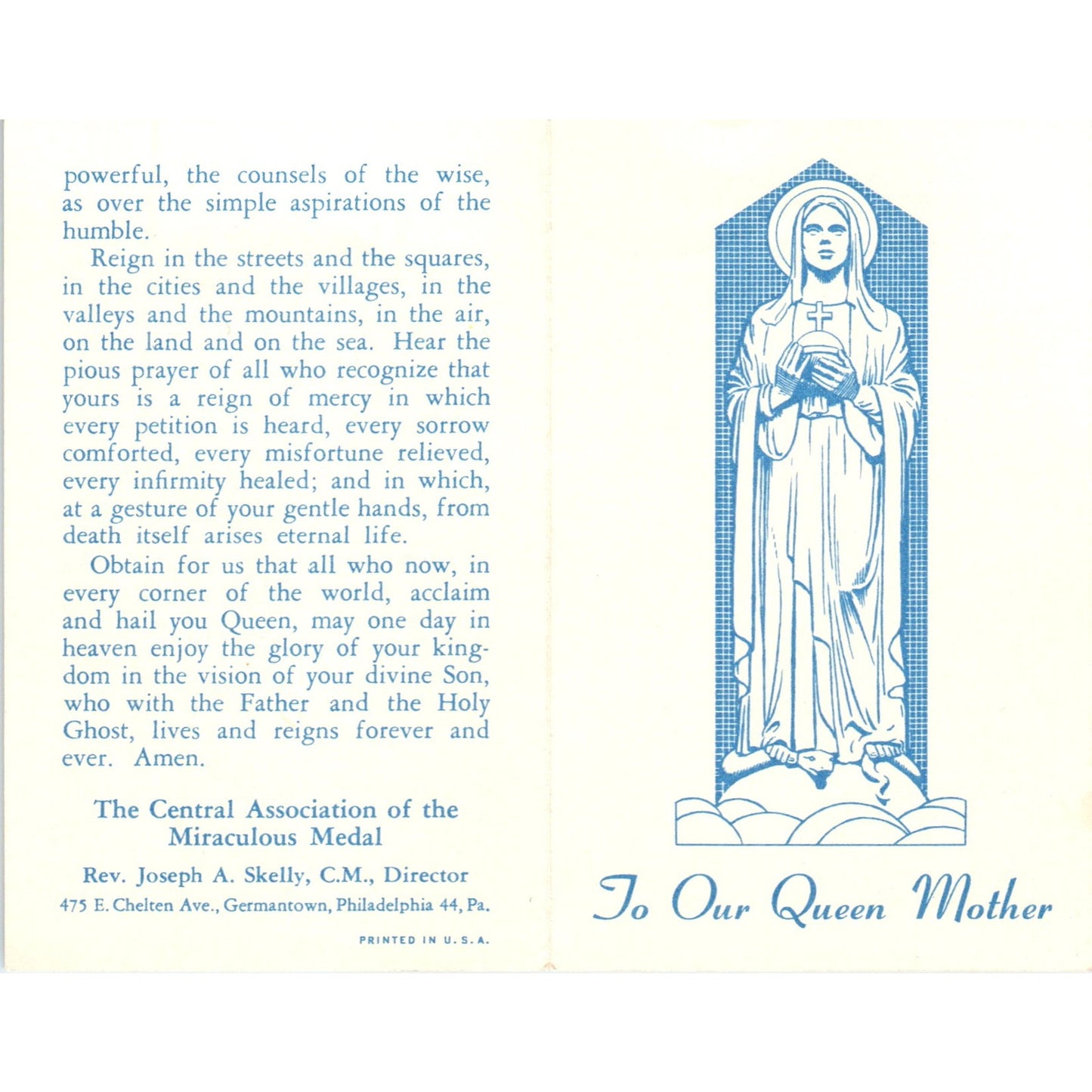 To Our Queen Mother Rev Joseph A Skelly Vintage Catholic Prayer Leaflet TH2-PC2