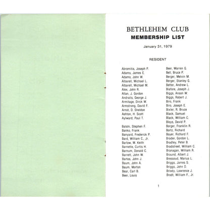 1979 Bethlehem Club Membership List Booklet Bethlehem PA AE5