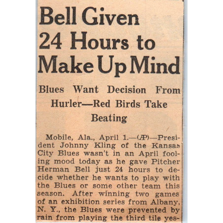 Kansas City Blues Herman Bell Baseball 1935 Minneapolis Journal Article AE7-N6