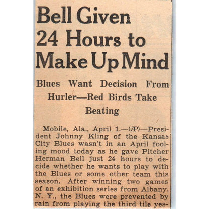 Kansas City Blues Herman Bell Baseball 1935 Minneapolis Journal Article AE7-N6