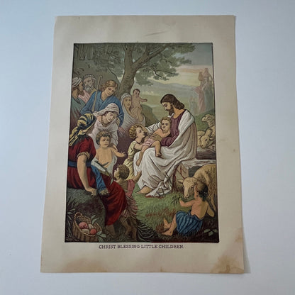 Christ Blessing Little Children Hand Tinted 1892 Bible Engraving V1-6