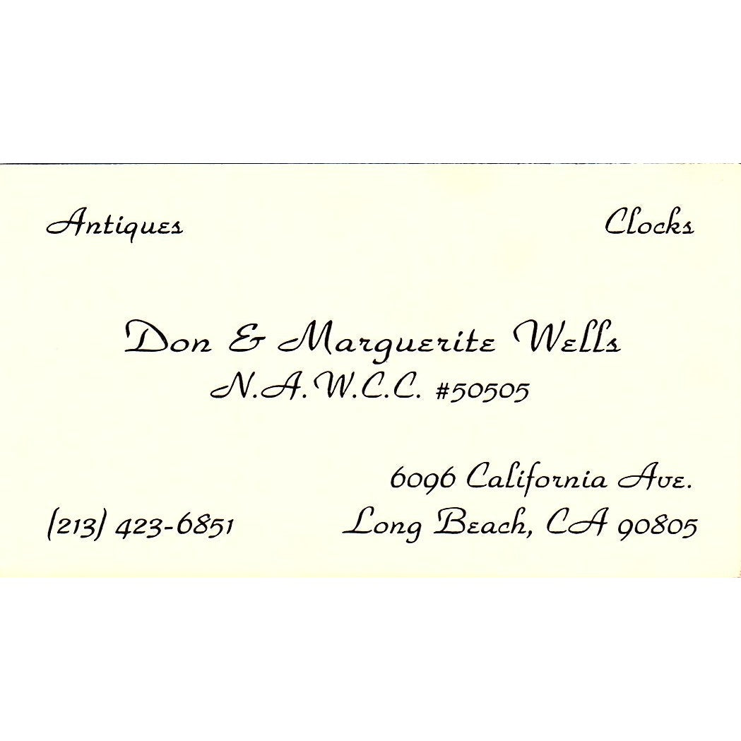 Don & Marguerite Wells Antiques Long Beach CA Vintage Business Card SE3-B16