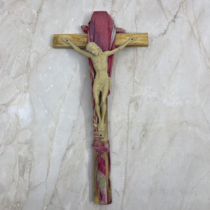 Vintage Handmade Crucifix Jesus on Cross Wood & Cloth 12x6 TD5