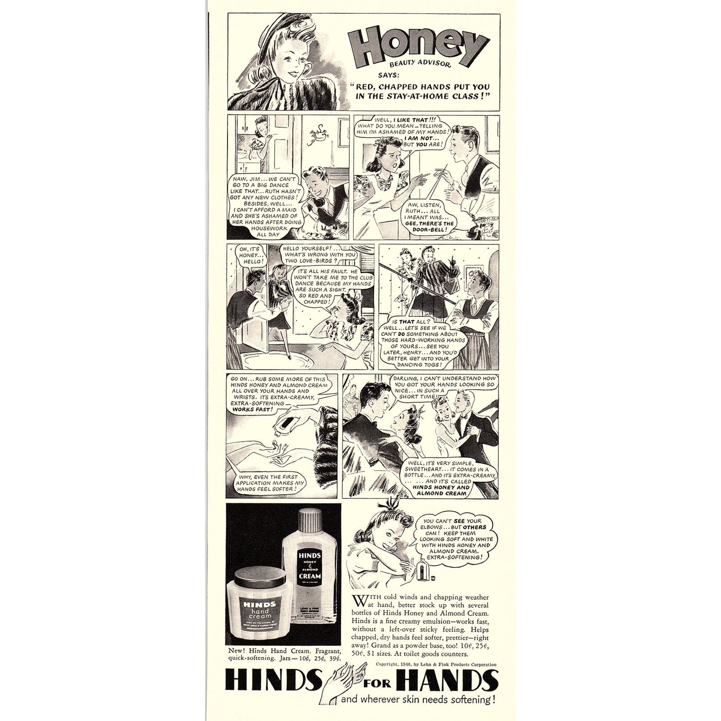 Hinds for Hands Honey Beauty Advisor Comic 1940 Ad V14-8