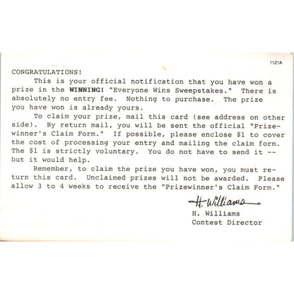 c1980s Winning Everyone Wins Sweepstakes Junk Mail Spam Ad Postal Card PD7