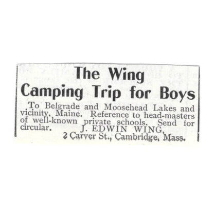 J. Edwin Wing Camping Trip Moosehead Lakes & Belgrade 1918 Advertisement AE5-SV6