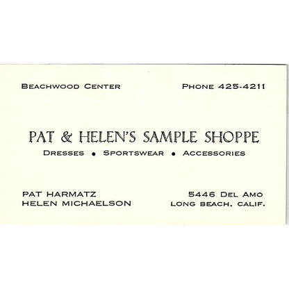 Pat & Helen's Sample Shoppe Harmatz, Michaelson Long Beach Business Card SE5-B5