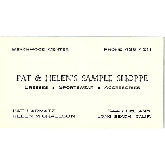Pat & Helen's Sample Shoppe Harmatz, Michaelson Long Beach Business Card SE5-B5