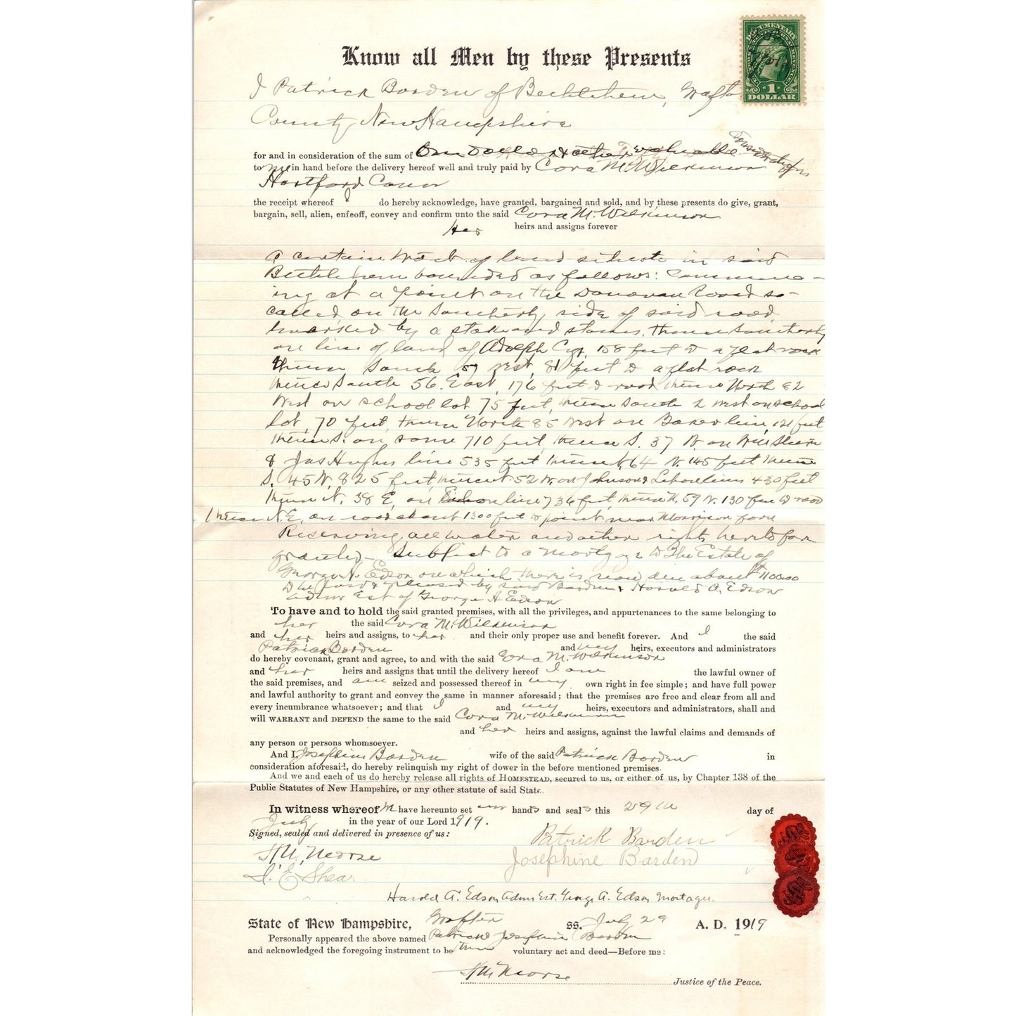 1919 Warranty Deed J. Patrick Borden, Cora M. Wilkinson New Hampshire AF7-E7