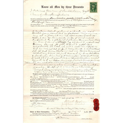 1919 Warranty Deed J. Patrick Borden, Cora M. Wilkinson New Hampshire AF7-E7
