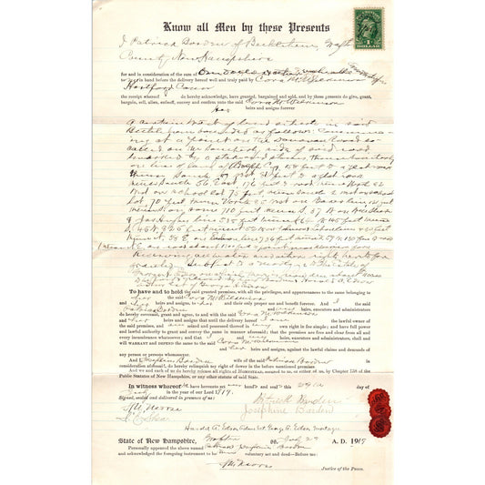 1919 Warranty Deed J. Patrick Borden, Cora M. Wilkinson New Hampshire AF7-E7