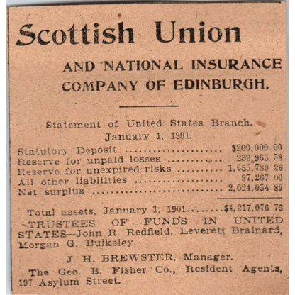 Scottish Union & National Ins of Edinburgh J.H Brewster Hartford 1901 Ad AD8-HS2