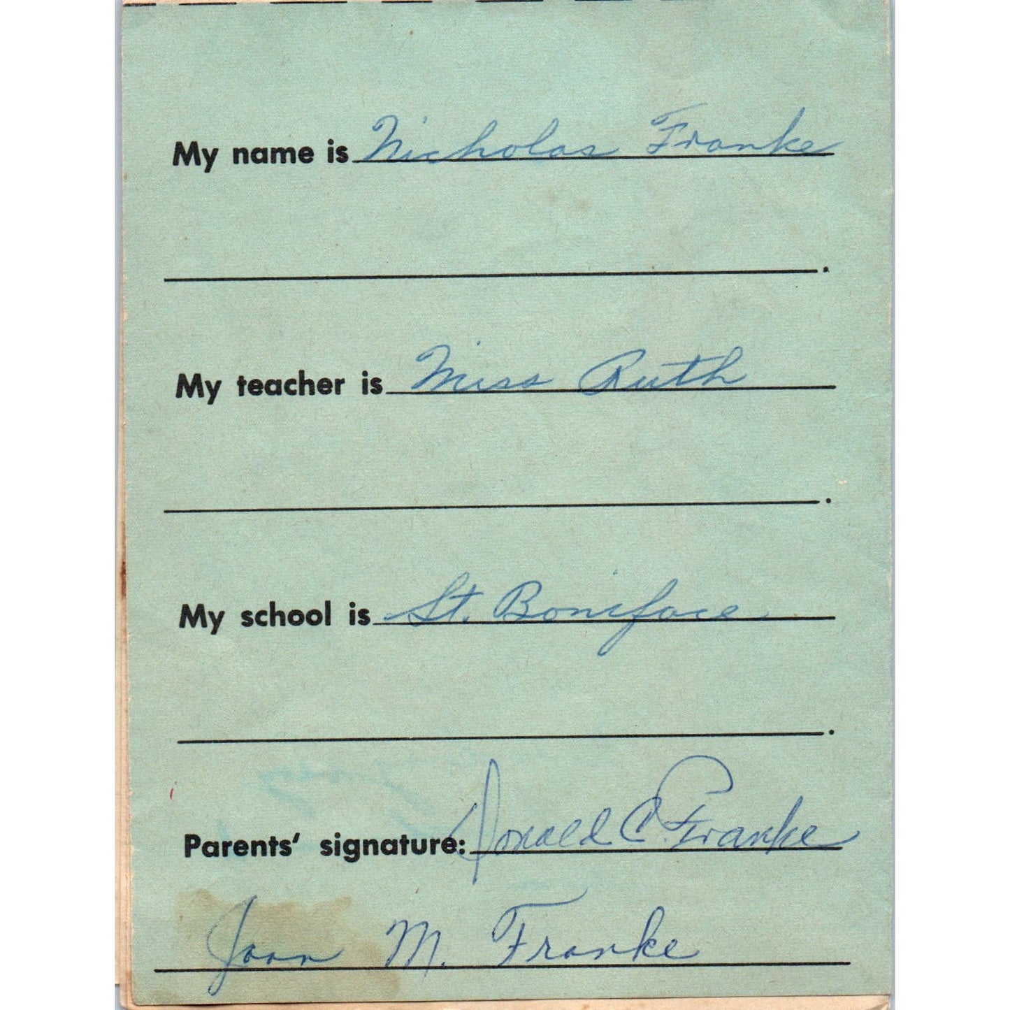 1968 Kindergarten Child's Progress Report St. Boniface Nicholas Franke AB9